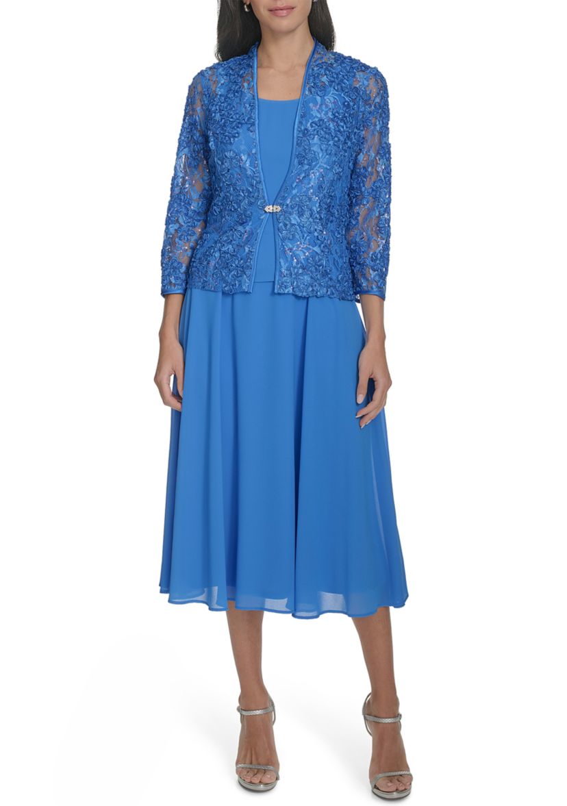 Womens 3/4 Sleeve Solid Chiffon Jacket Dress