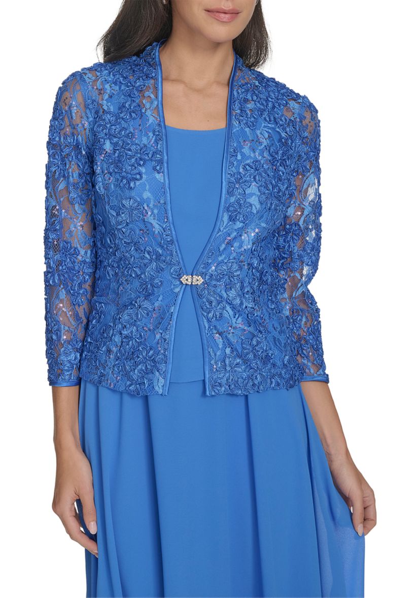 Womens 3/4 Sleeve Solid Chiffon Jacket Dress