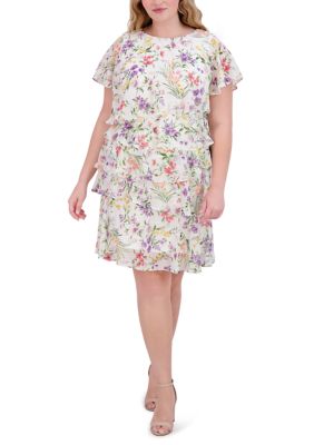 Jessica Howard Women's Plus Size Printed Tiered A-Line Dress, Ivory, 24 W