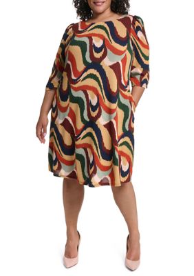 Jessica Howard Women's Plus Size 3/4 Sleeve Printed Cozy A-Line Dress, 1X