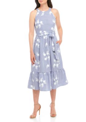 jessica howard sleeveless printed shantung fit and flare belted dres