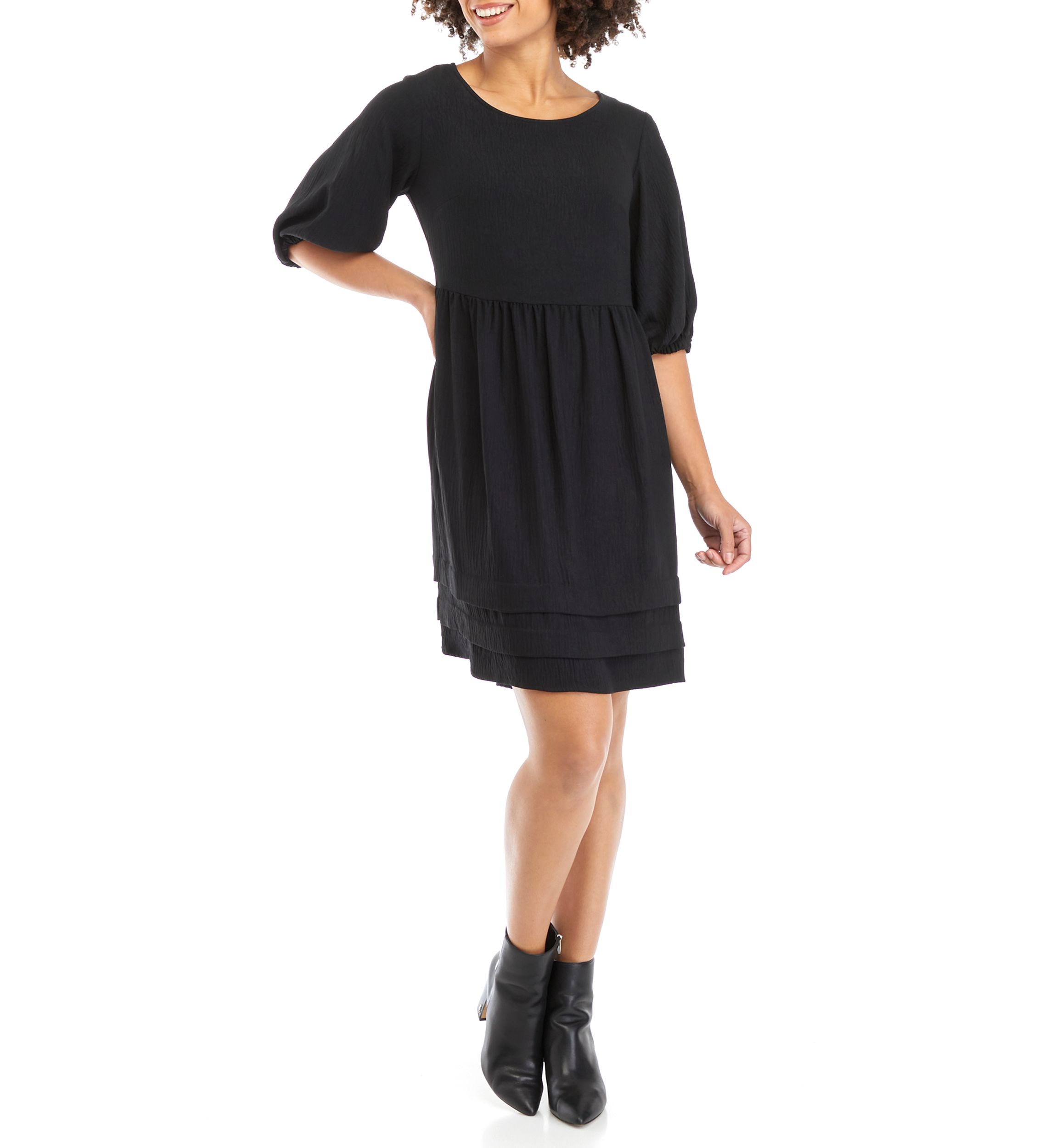 Womens Short Puff Sleeve A-Line Dress 