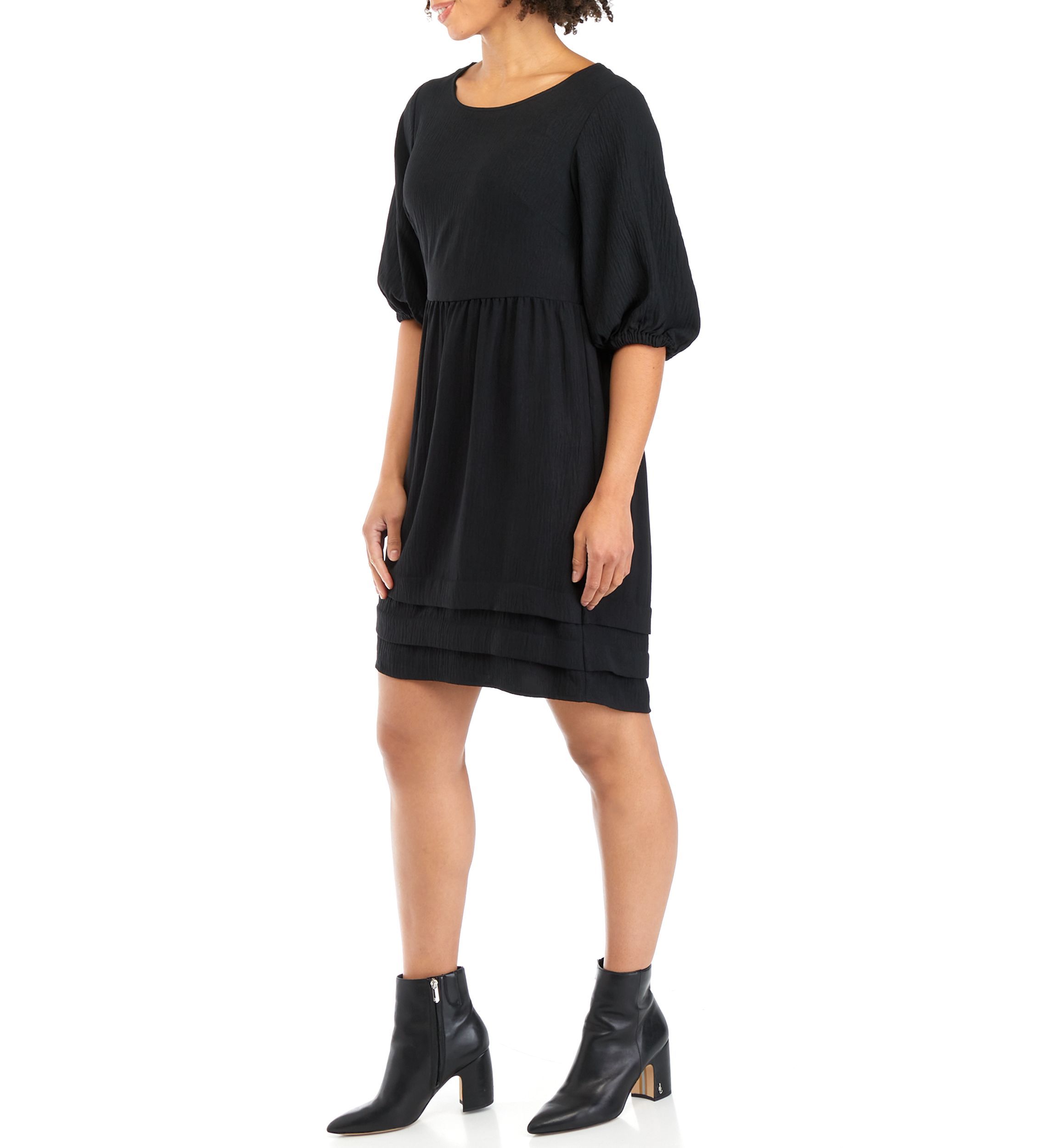 Womens Short Puff Sleeve A-Line Dress 
