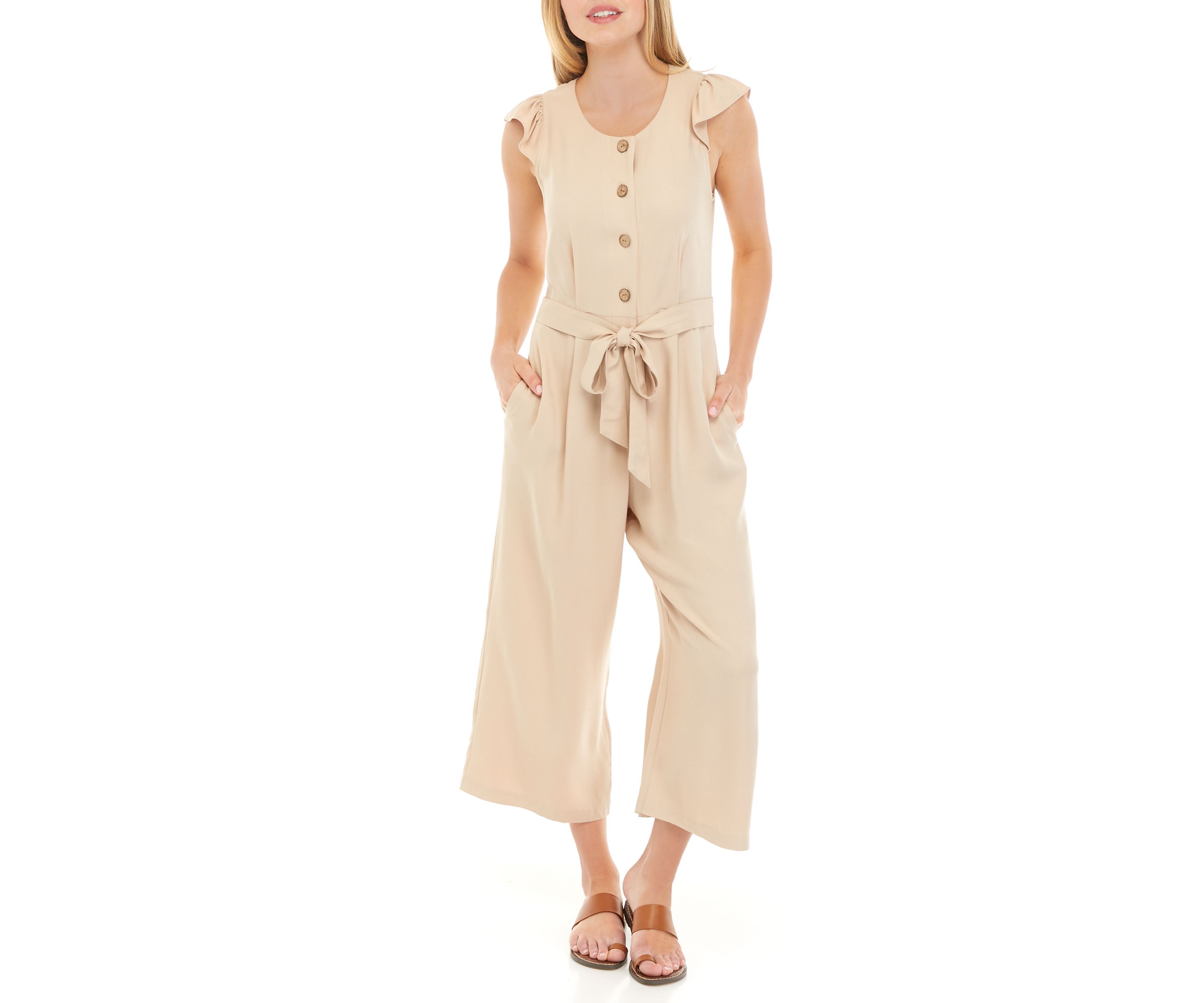 Womens Short Sleeve Flutter Tie Front Linen Jumpsuit
