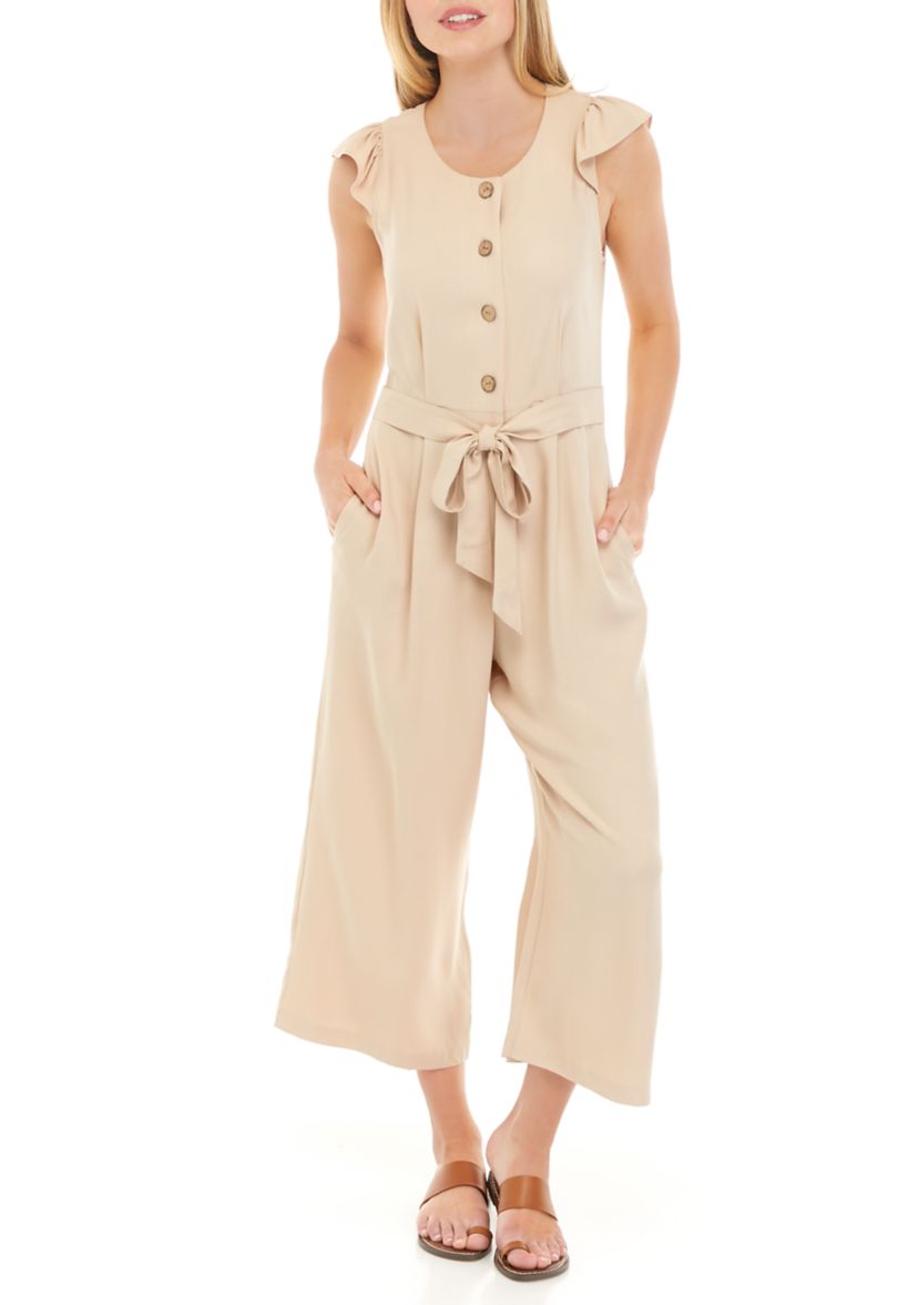 Womens Short Sleeve Flutter Tie Front Linen Jumpsuit