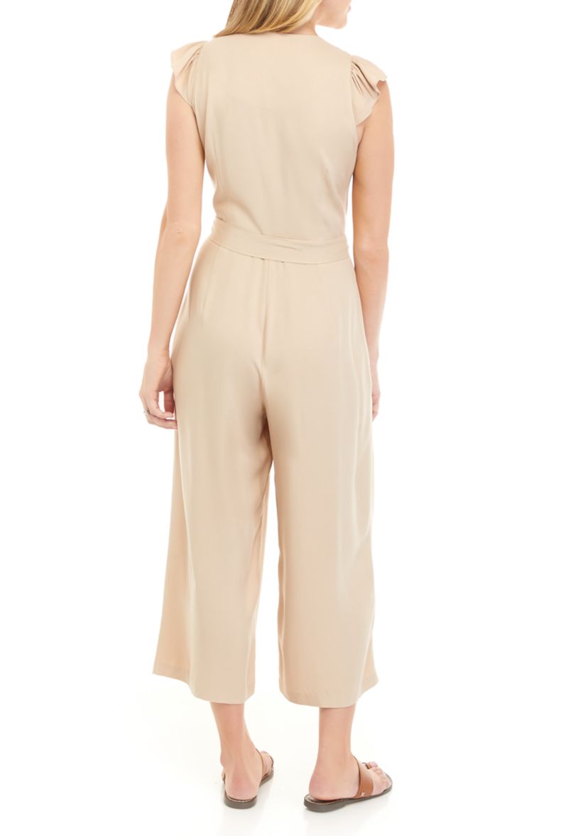 Womens Short Sleeve Flutter Tie Front Linen Jumpsuit