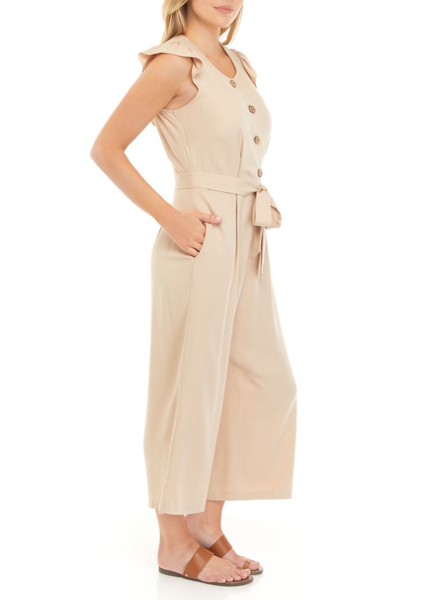 Womens Short Sleeve Flutter Tie Front Linen Jumpsuit