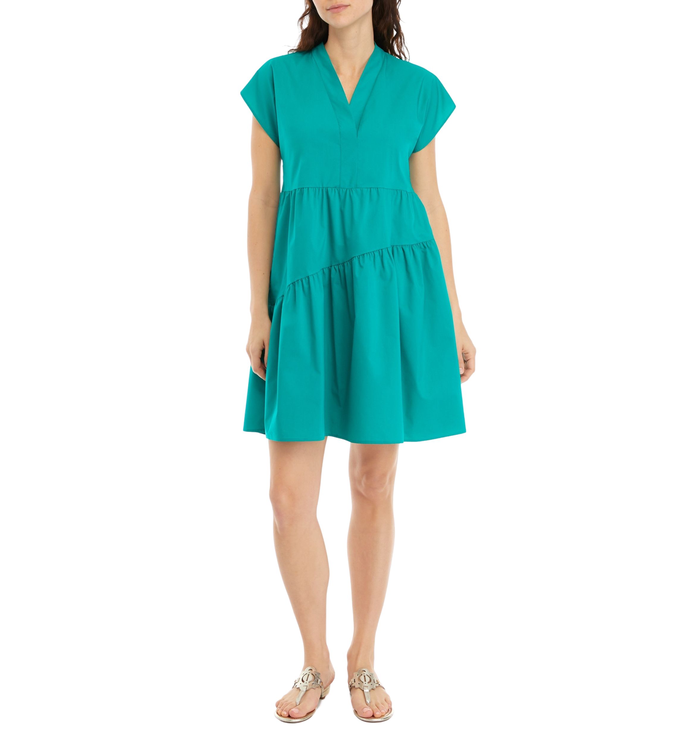 Womens Solid Cotton Tiered A-Line Dress