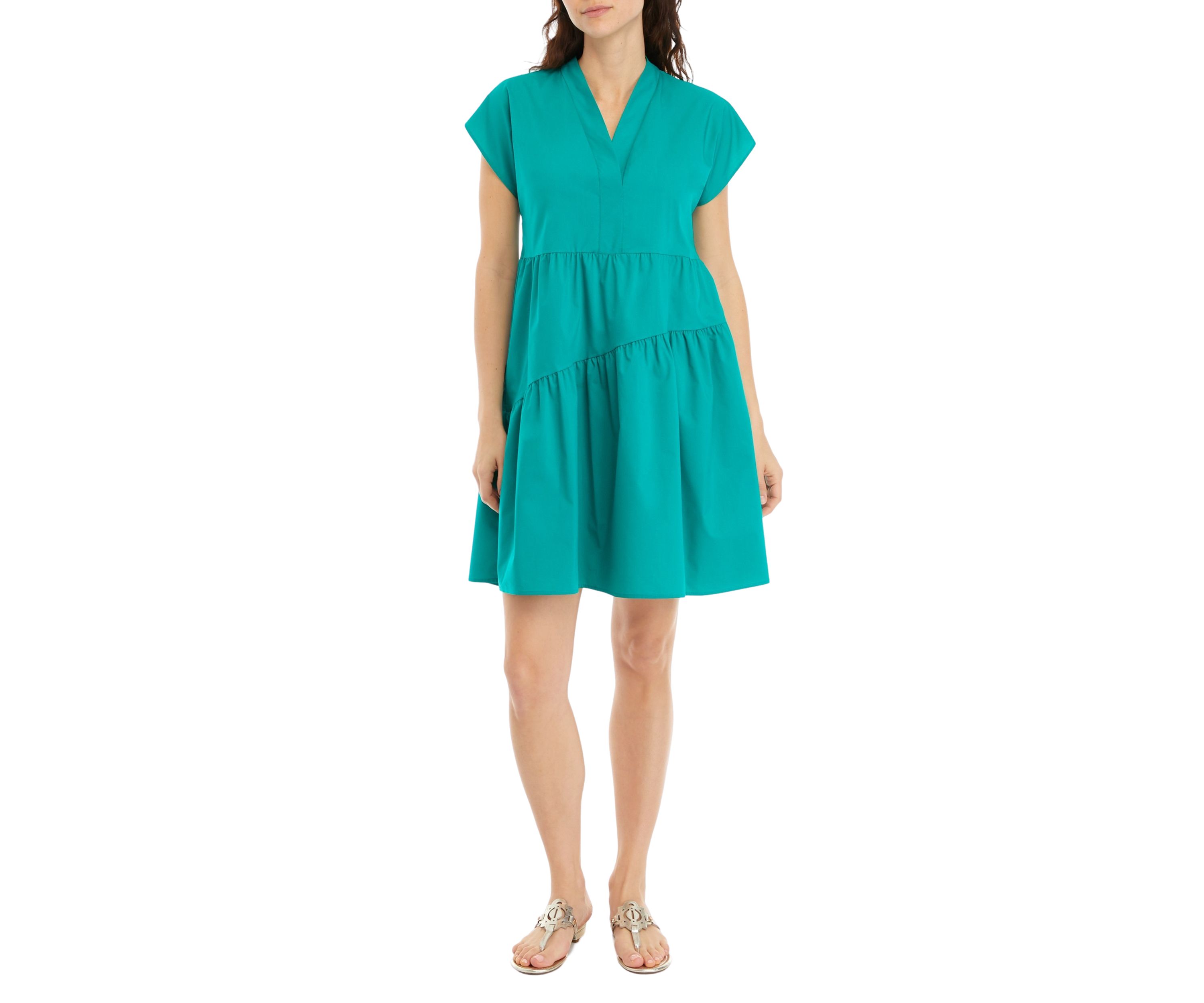 Womens Solid Cotton Tiered A-Line Dress