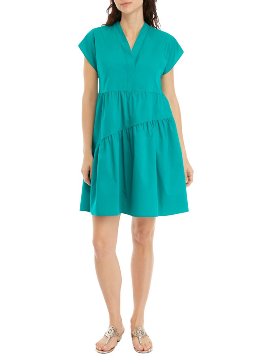 Womens Solid Cotton Tiered A-Line Dress