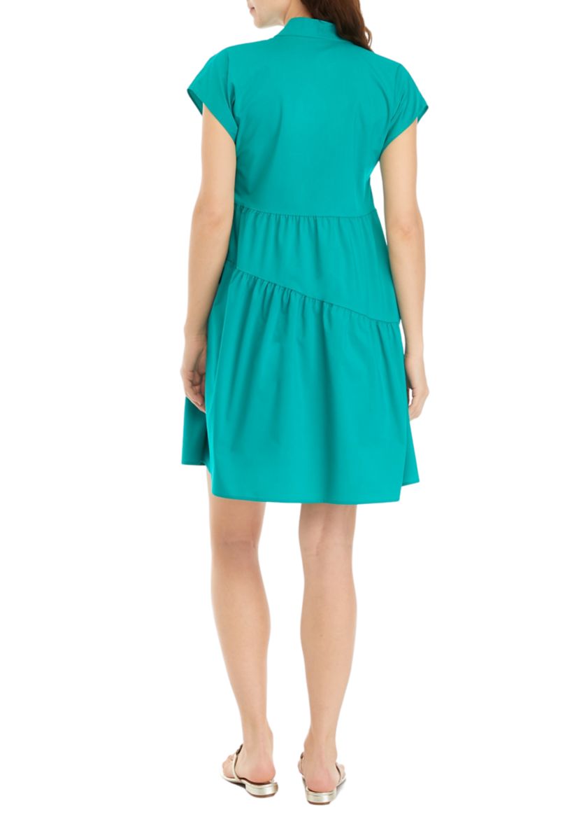 Womens Solid Cotton Tiered A-Line Dress