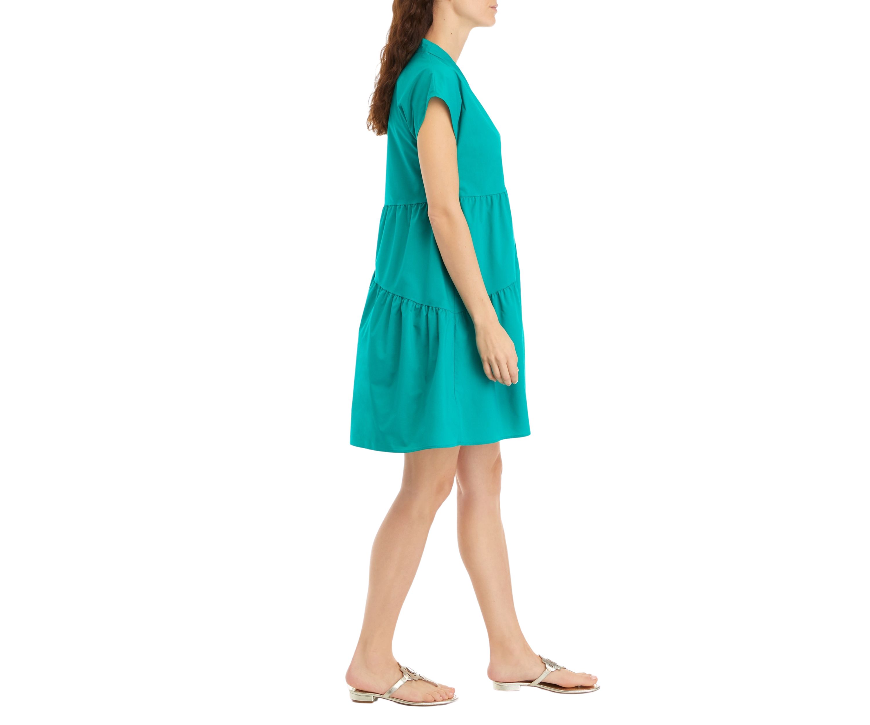 Womens Solid Cotton Tiered A-Line Dress