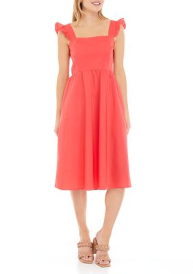 Women's Sleeveless Ruffle Shoulder Smocked Midi Dress