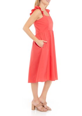 Women's Sleeveless Ruffle Shoulder Smocked Midi Dress