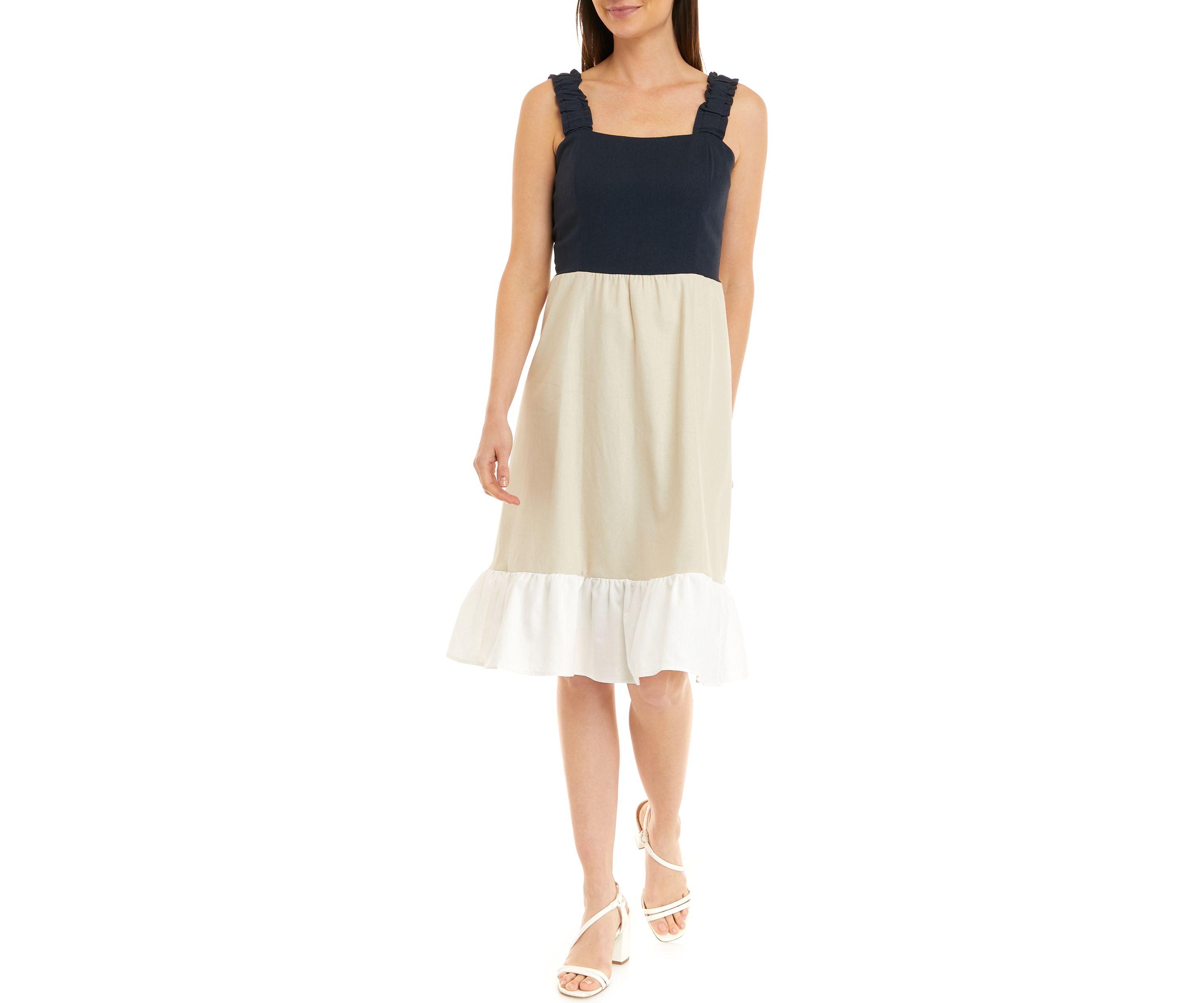 Womens Sleeveless Color Block Tiered Linen Midi Dress