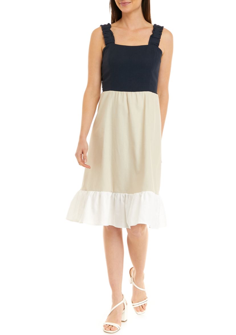 Womens Sleeveless Color Block Tiered Linen Midi Dress
