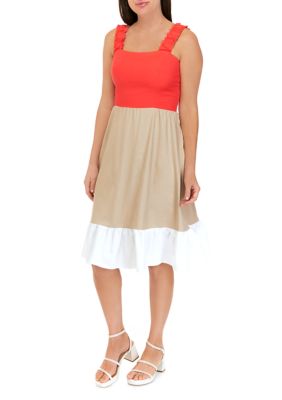 Women's Sleeveless Color Block Tiered Linen Midi Dress