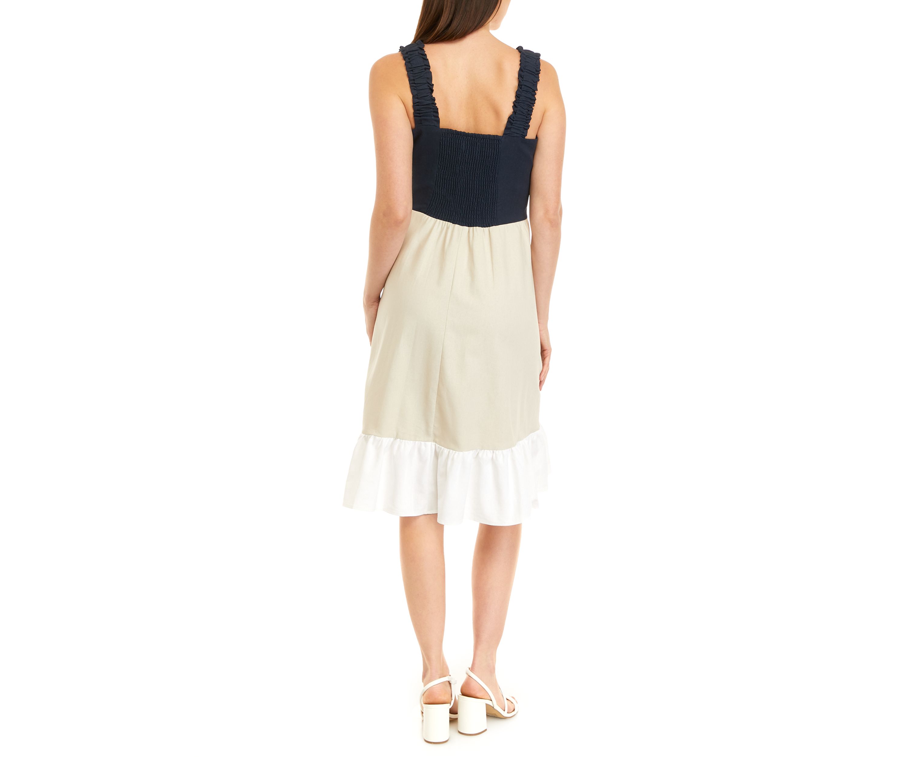Womens Sleeveless Color Block Tiered Linen Midi Dress