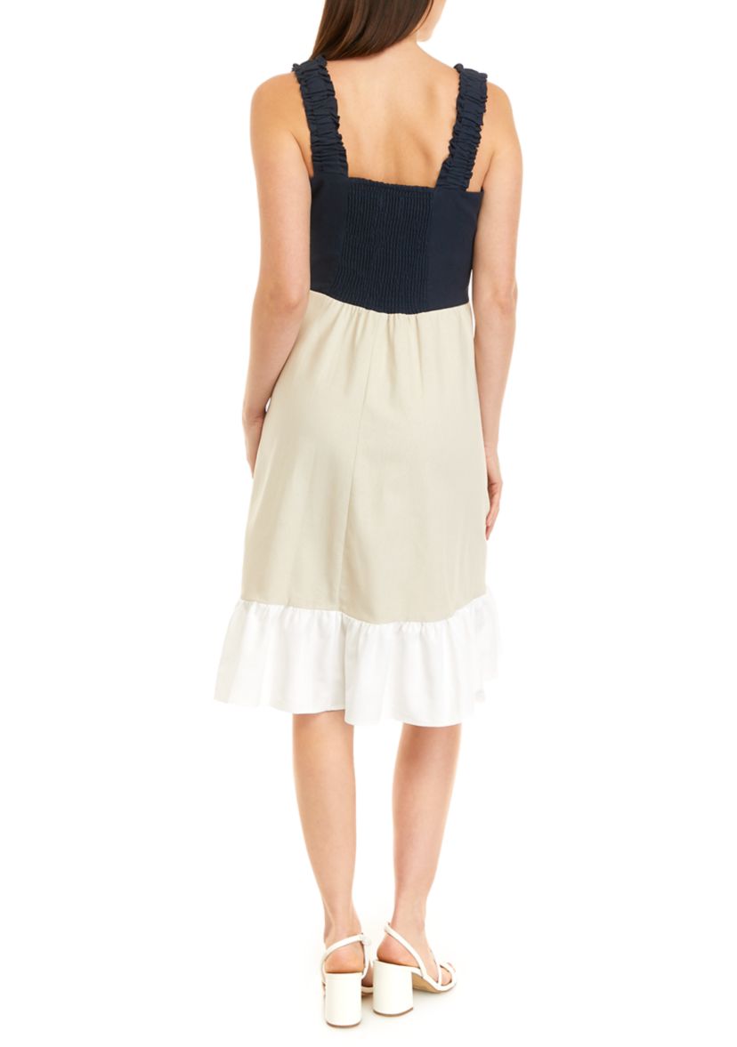 Womens Sleeveless Color Block Tiered Linen Midi Dress