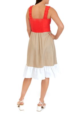 Women's Sleeveless Color Block Tiered Linen Midi Dress