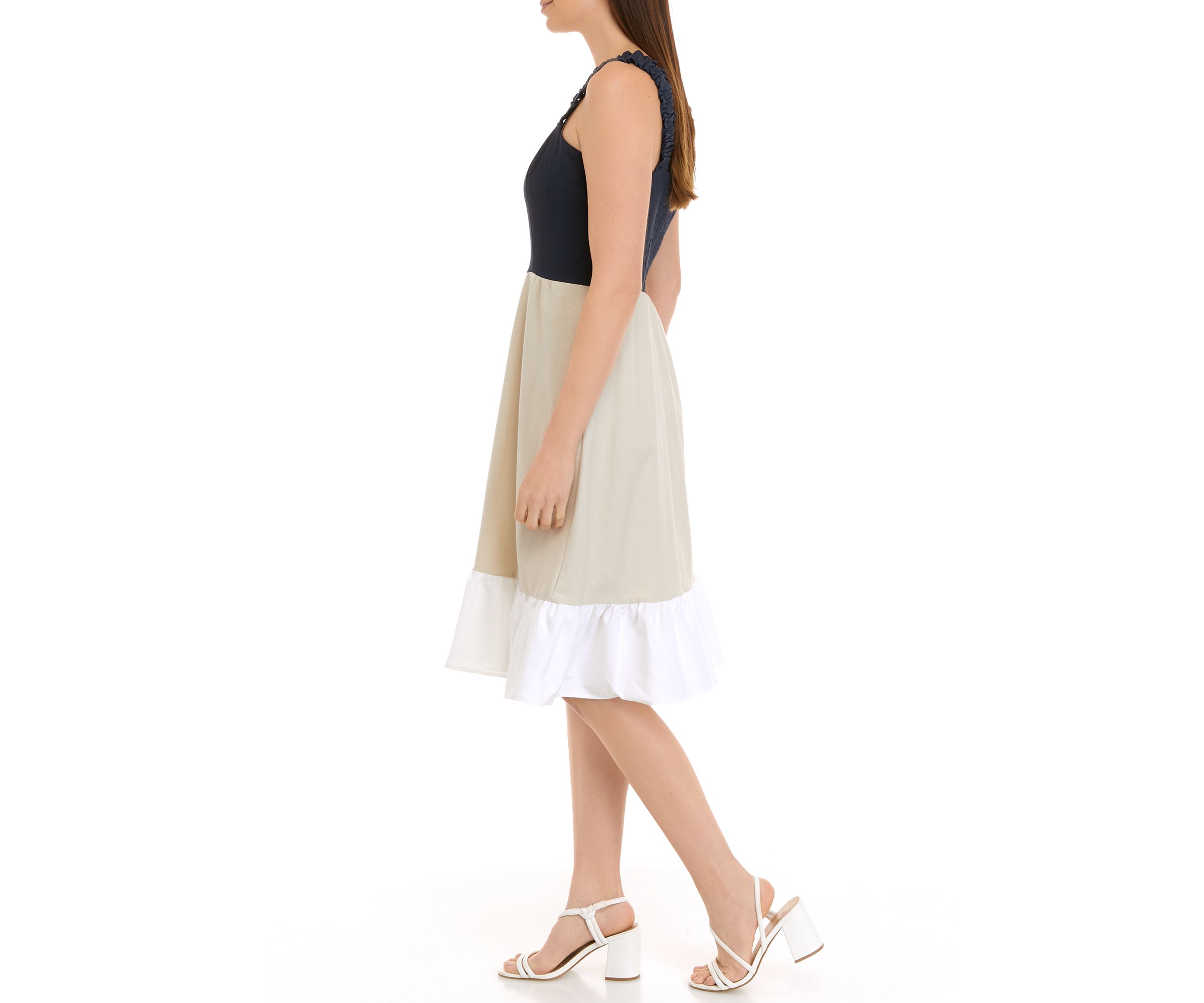 Womens Sleeveless Color Block Tiered Linen Midi Dress