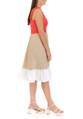 Women's Sleeveless Color Block Tiered Linen Midi Dress