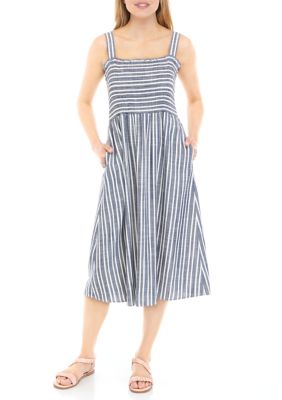 Women's Sleeveless Smocked Linen Stripe Dress