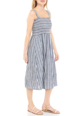 Women's Sleeveless Smocked Linen Stripe Dress