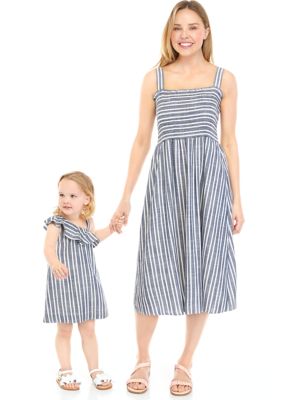 Women's Sleeveless Smocked Linen Stripe Dress