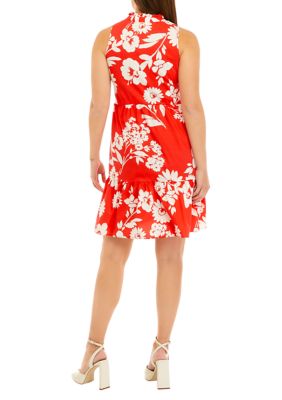 Women's Sleeveless Split Neck Floral Print Cotton Babydoll Dress