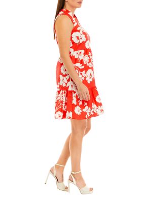 Women's Sleeveless Split Neck Floral Print Cotton Babydoll Dress