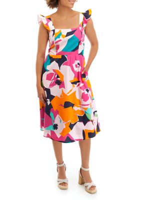 Women's Flutter Sleeve Abstract Floral Print Cotton Tiered Midi Dress