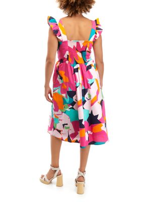 Women's Flutter Sleeve Abstract Floral Print Cotton Tiered Midi Dress