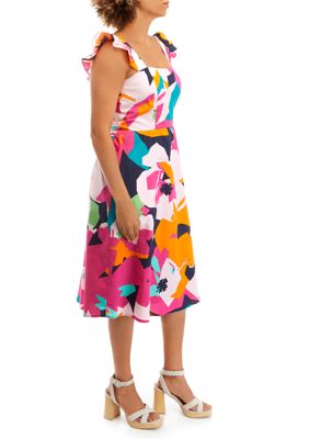 Women's Flutter Sleeve Abstract Floral Print Cotton Tiered Midi Dress