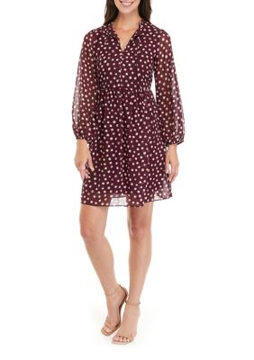 Women's Long Sleeve V-Neck Chiffon Dot Print Dress