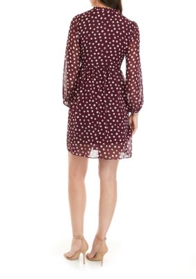 Women's Long Sleeve V-Neck Chiffon Dot Print Dress