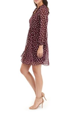 Women's Long Sleeve V-Neck Chiffon Dot Print Dress