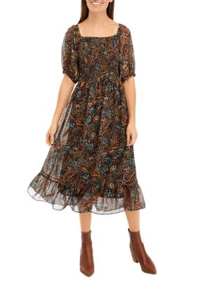 Women's Short Sleeve Smocked Paisley Midi Dress