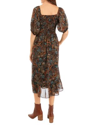 Women's Short Sleeve Smocked Paisley Midi Dress