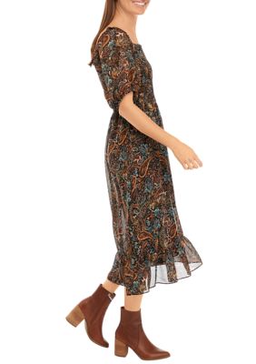 Women's Short Sleeve Smocked Paisley Midi Dress