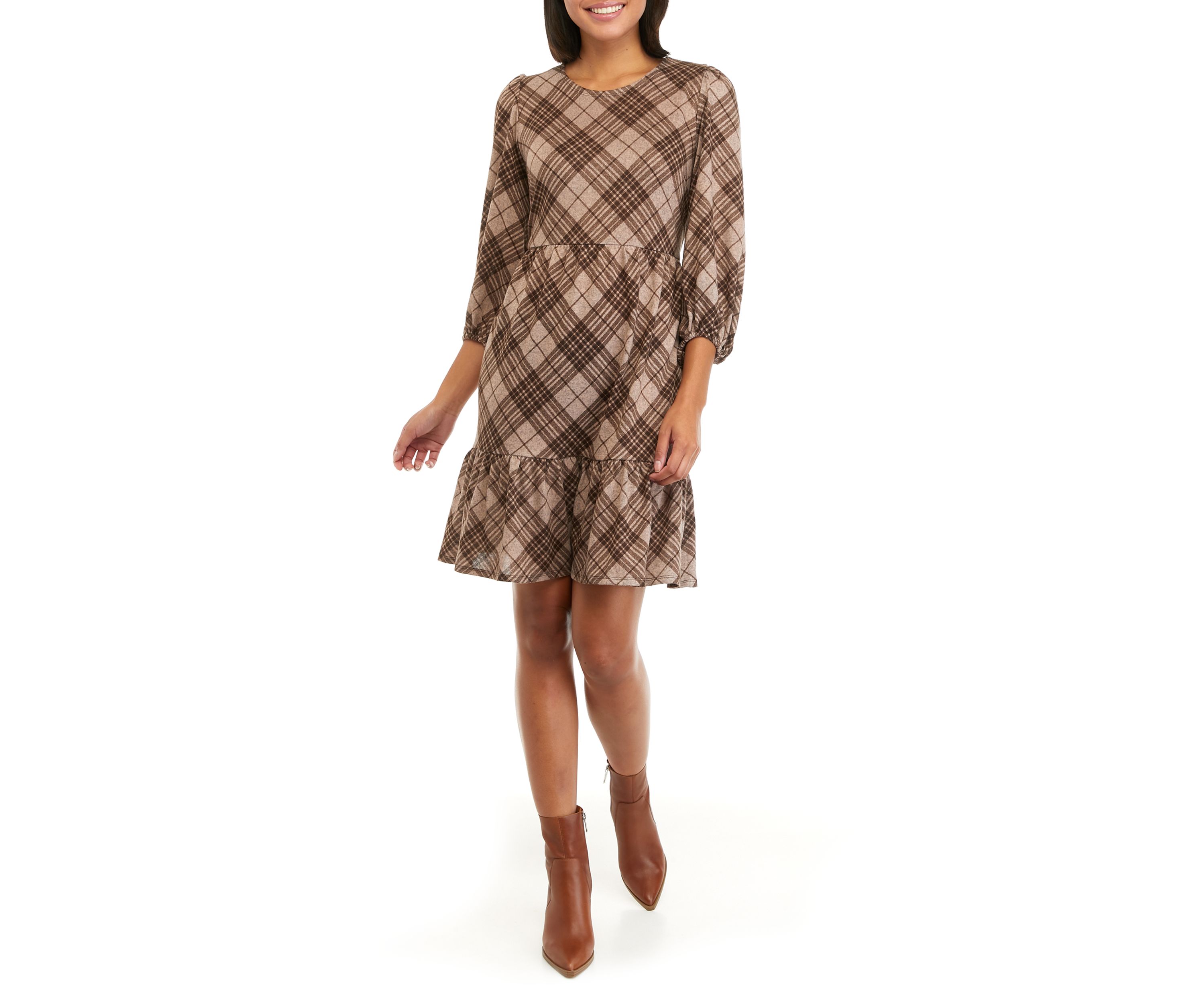 Womens Cozy 3/4 Sleeve Plaid Babydoll Dress
