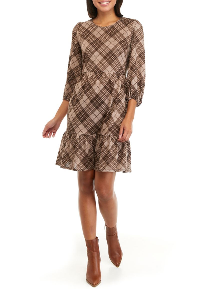 Womens Cozy 3/4 Sleeve Plaid Babydoll Dress