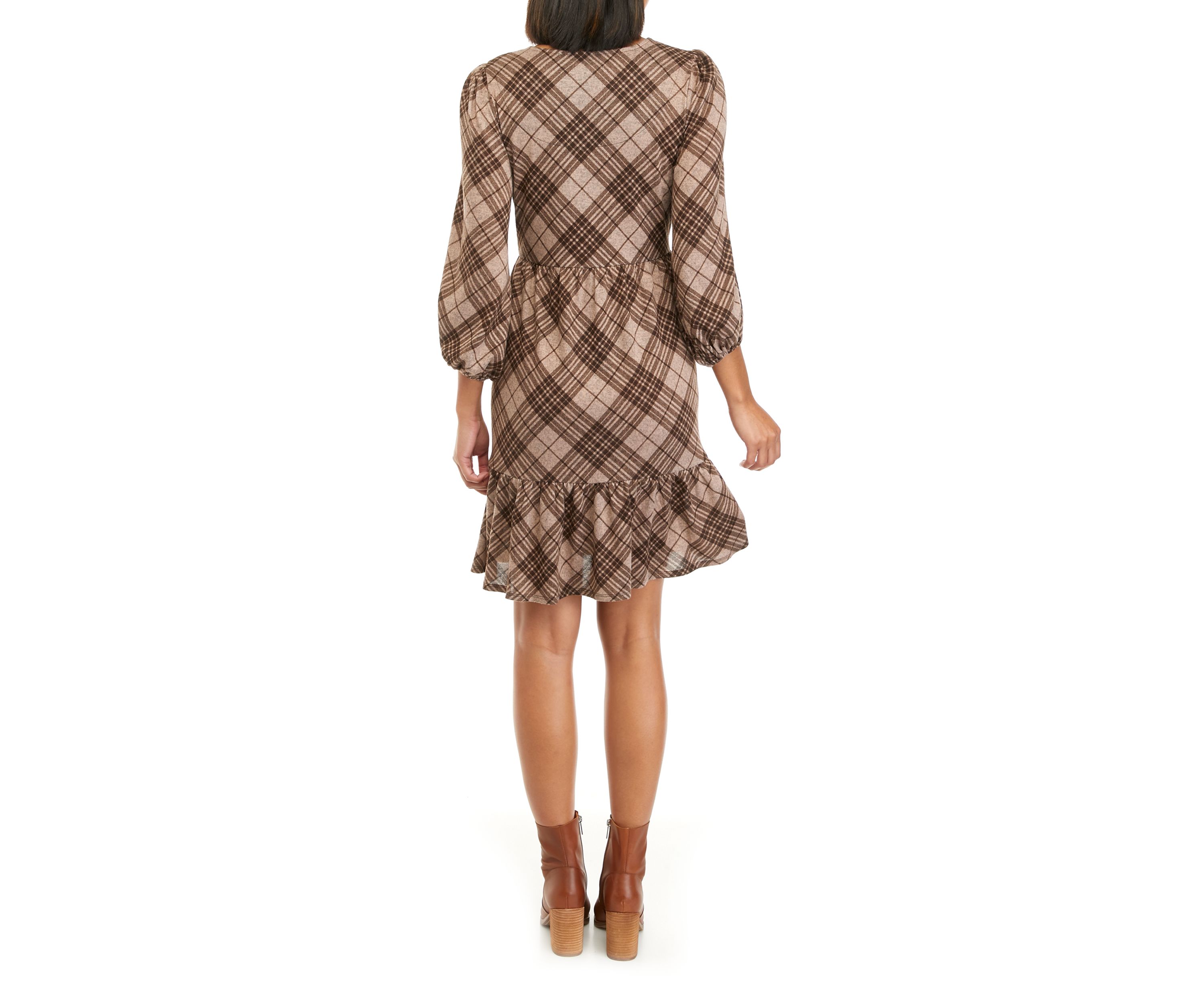 Womens Cozy 3/4 Sleeve Plaid Babydoll Dress