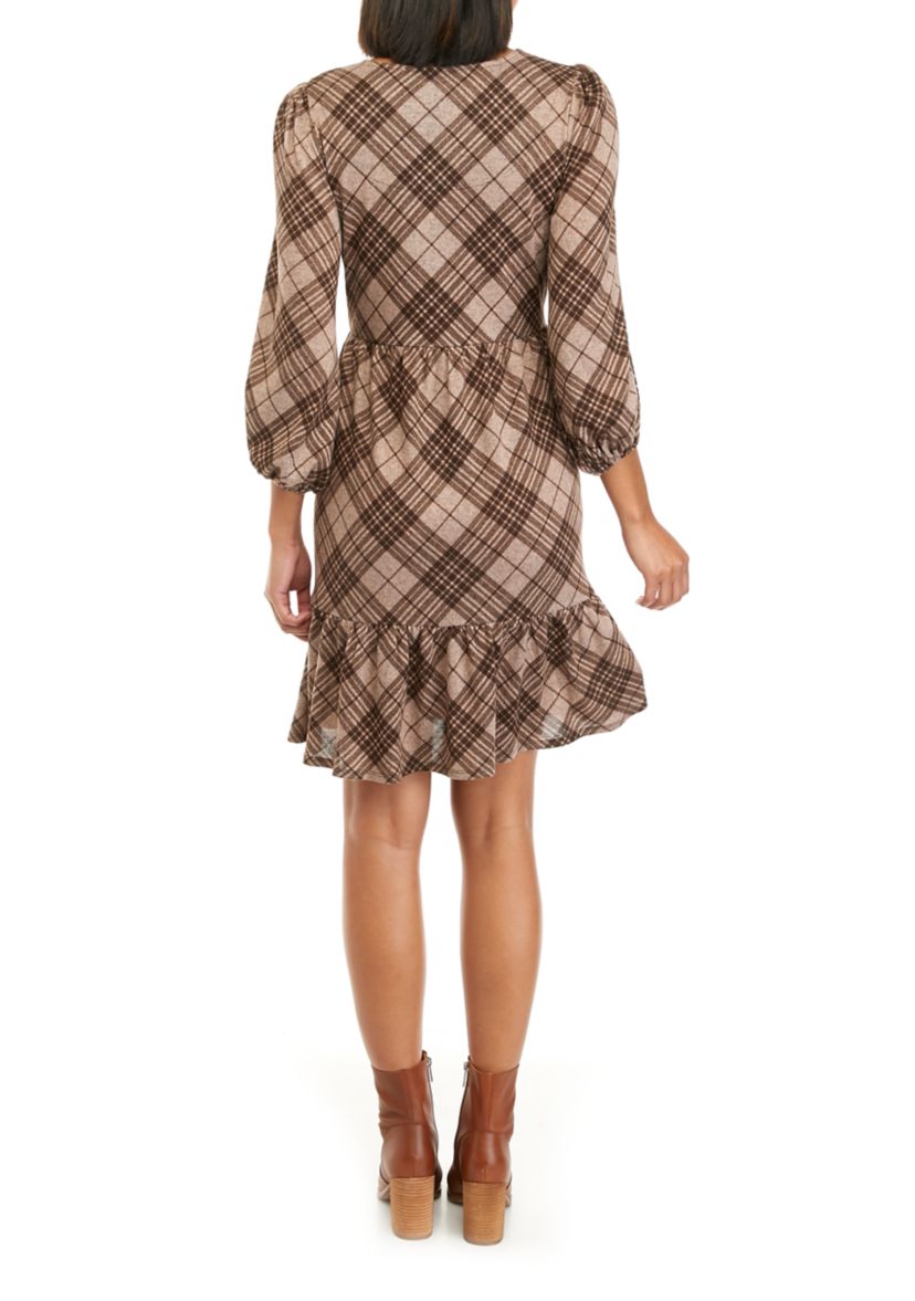 Womens Cozy 3/4 Sleeve Plaid Babydoll Dress