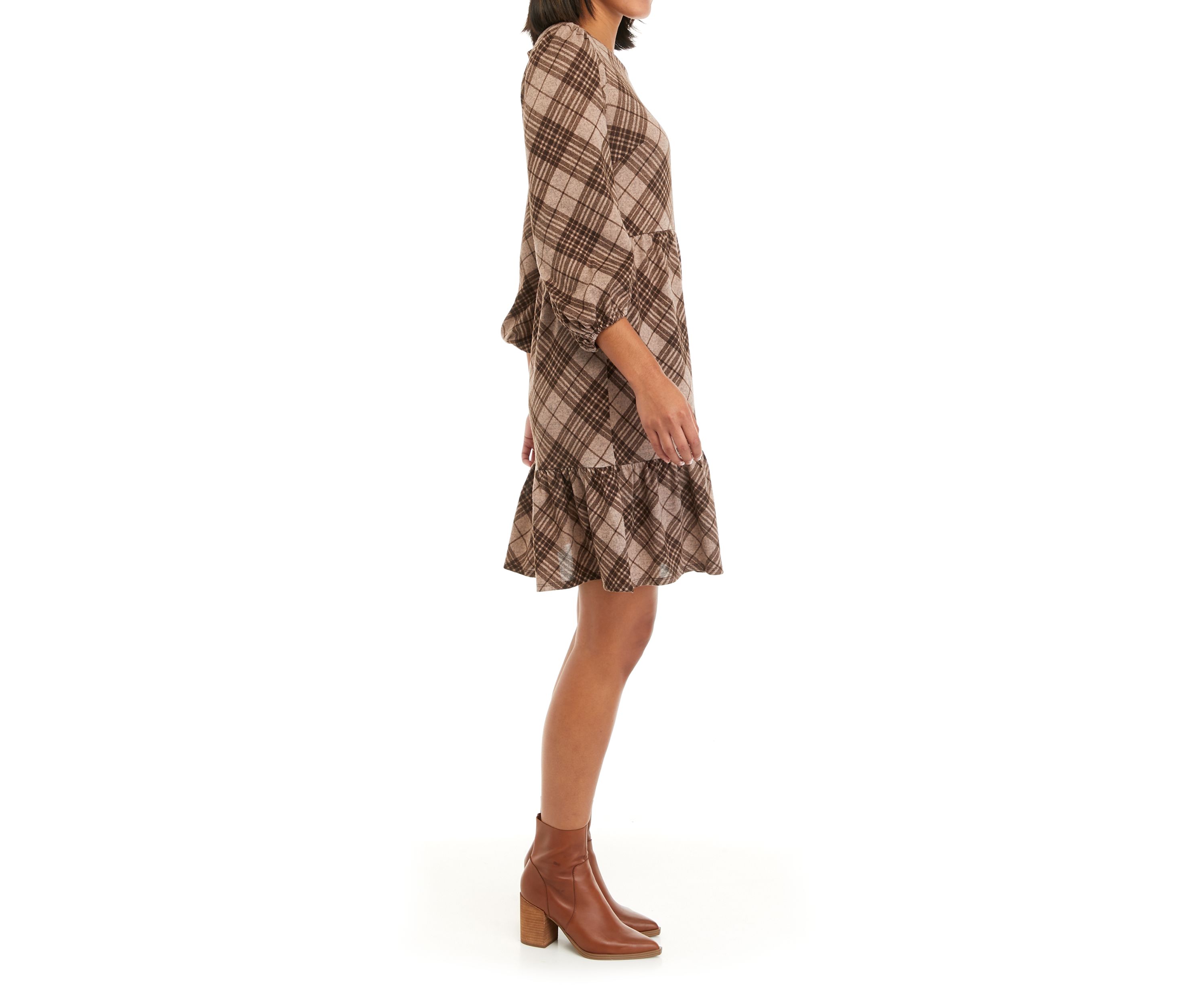 Womens Cozy 3/4 Sleeve Plaid Babydoll Dress