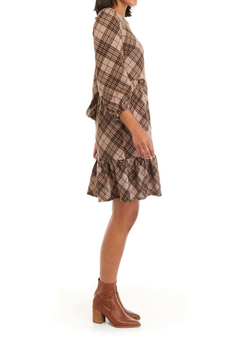 Womens Cozy 3/4 Sleeve Plaid Babydoll Dress