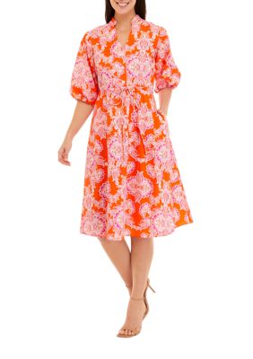 52seven Womens Elbow Sleeve Printed Cotton Midi Shirtdress