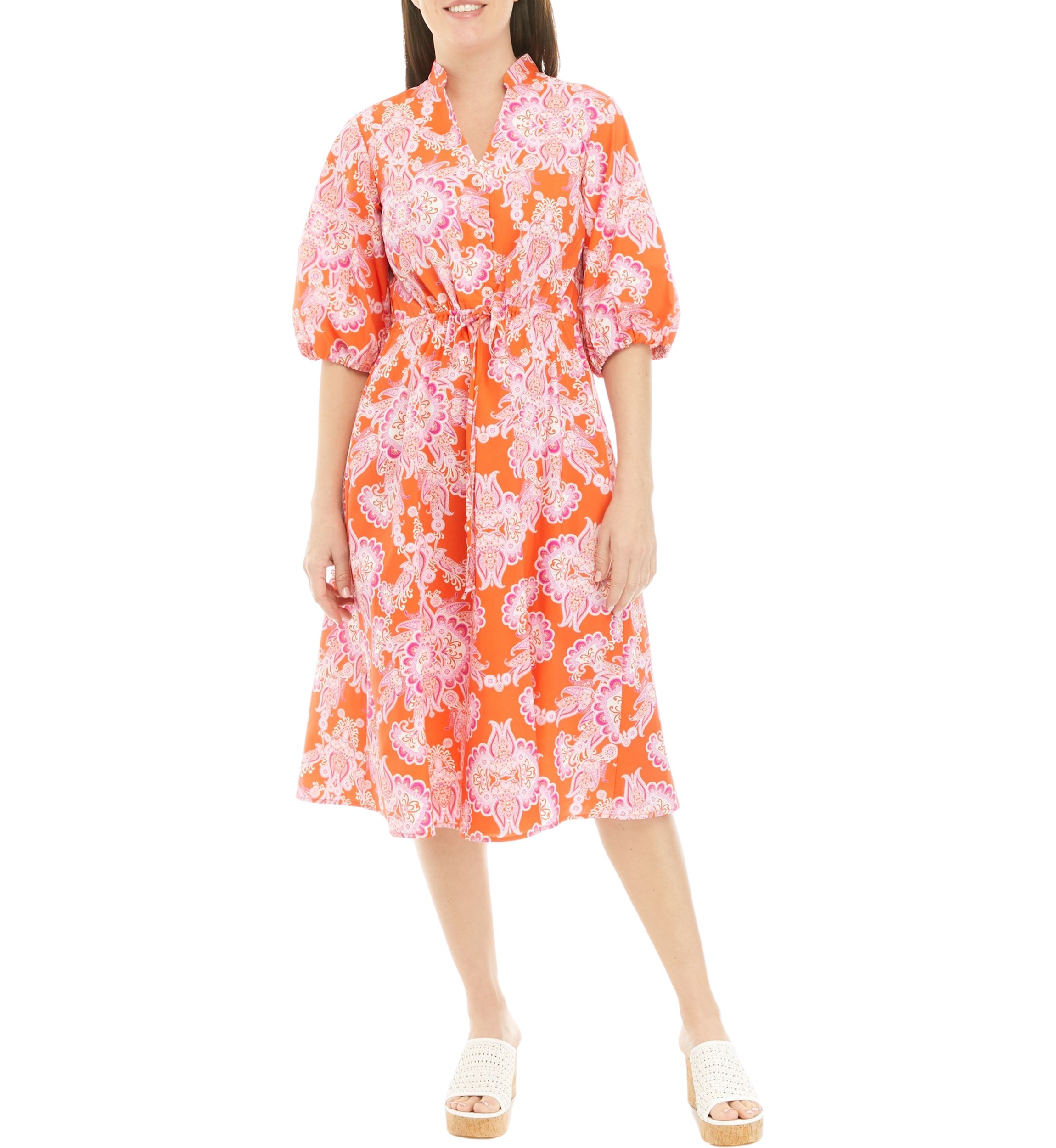 Womens Elbow Sleeve Tie Waist Floral Print Cotton Fit and Flare Dress