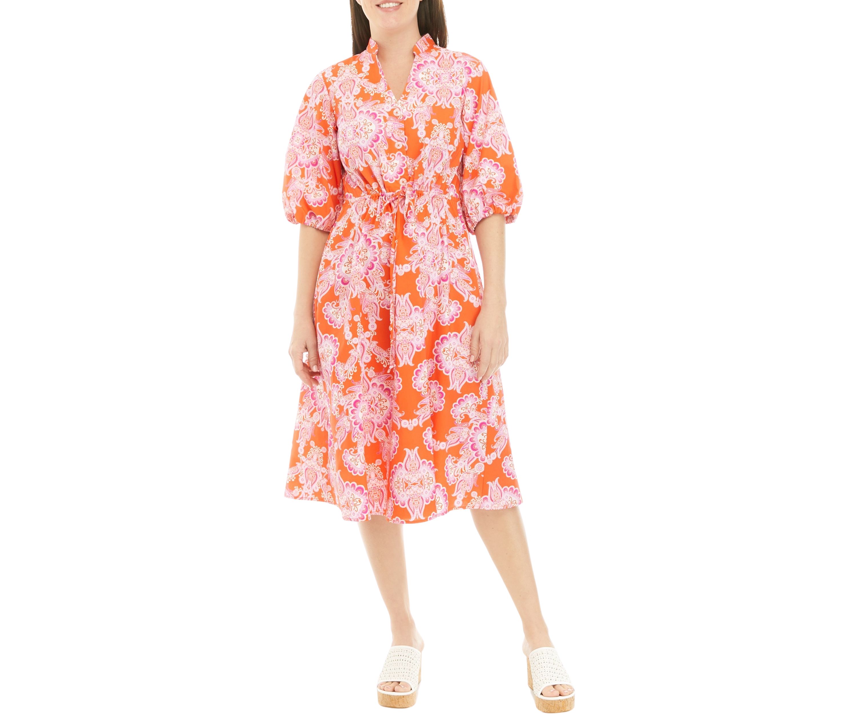 Womens Elbow Sleeve Tie Waist Floral Print Cotton Fit and Flare Dress