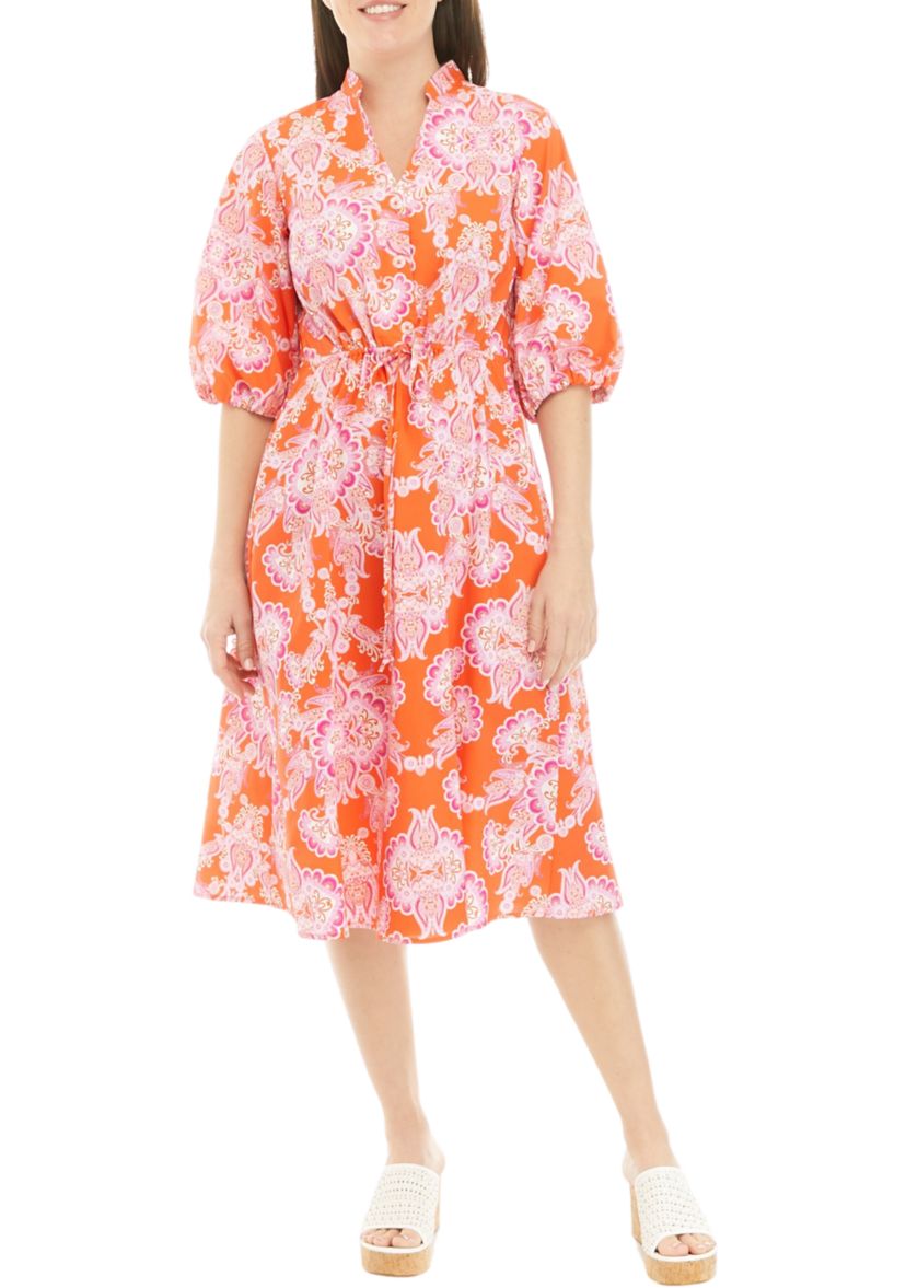 Womens Elbow Sleeve Tie Waist Floral Print Cotton Fit and Flare Dress